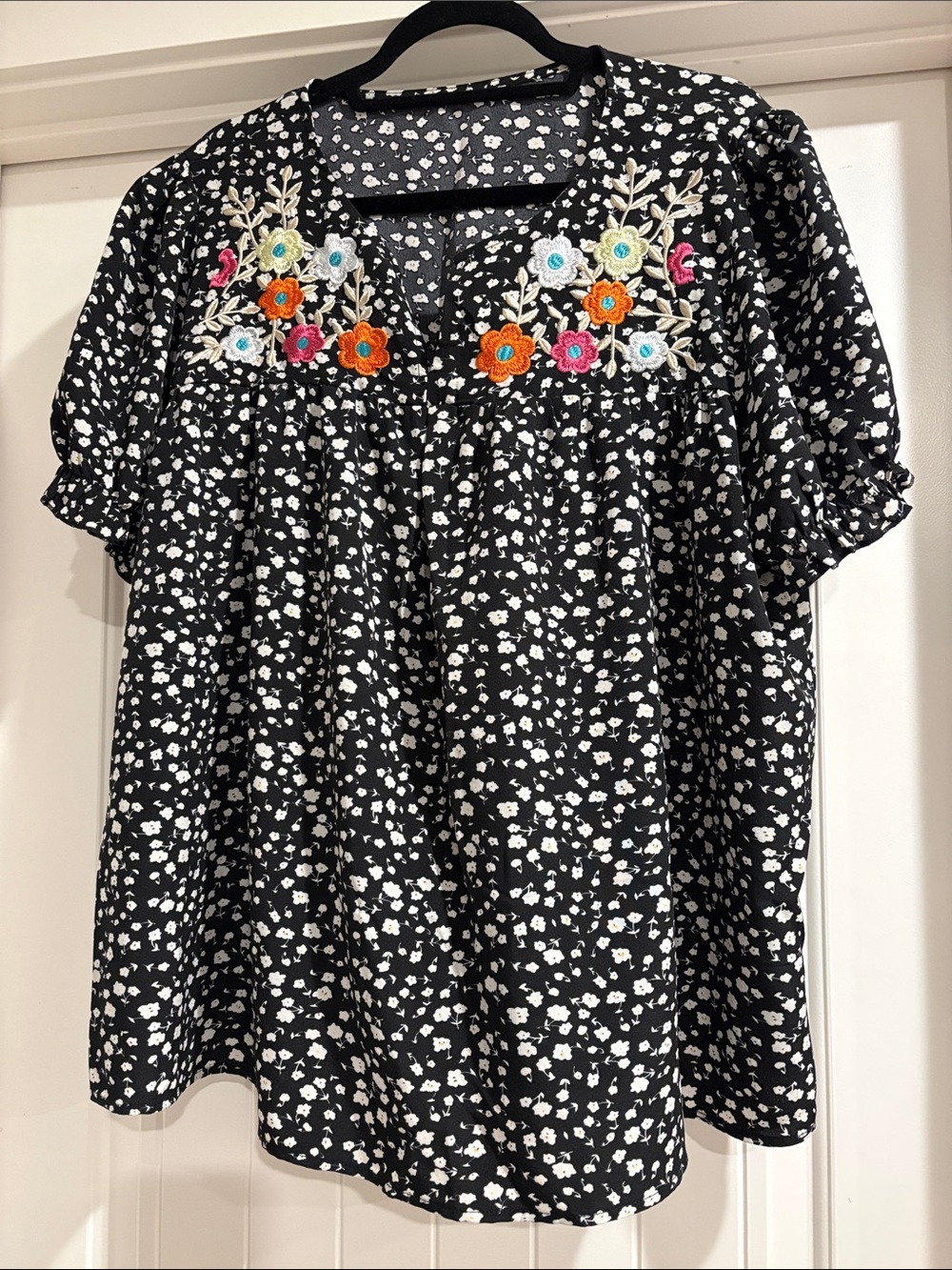 Black Floral Embroidered Peasant Top - Women